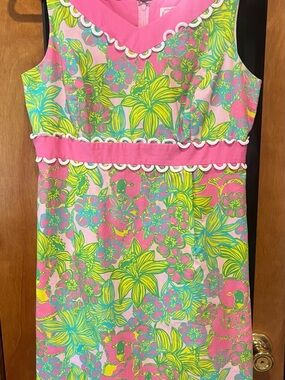Lilly Pulitzer vintage Bright Pink Shift Dress with Yellow & Green Accents